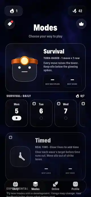 Evershift DailyのModes画面にSurvivalとTimedが表示されている