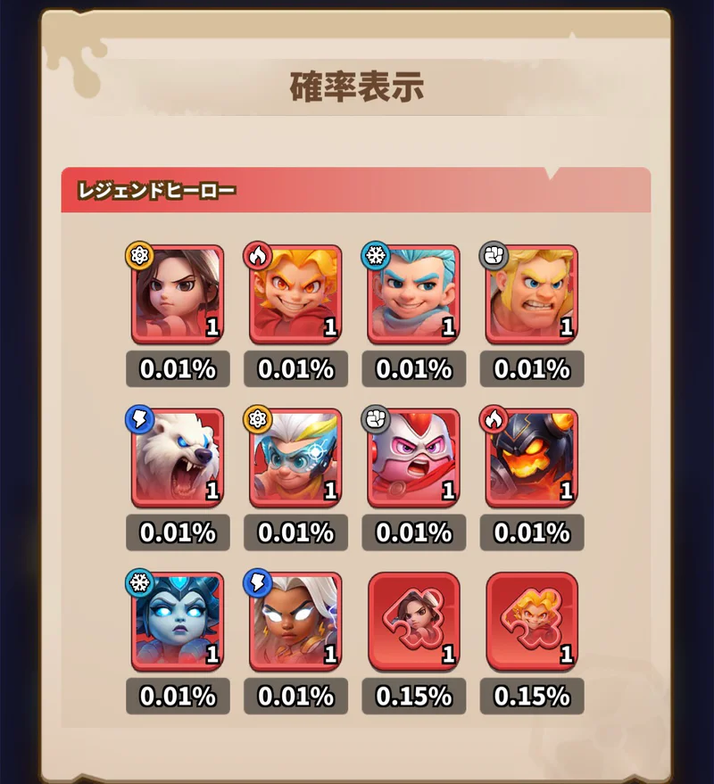 ヒーロー補給の確率表示。レジェンドヒーロー本体の個別確率一覧