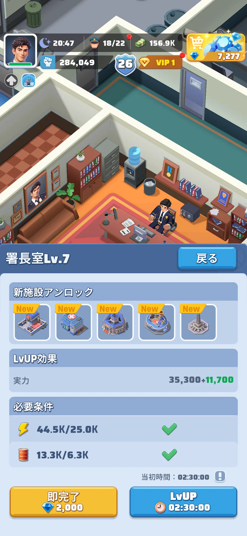 署長室Lv.8への強化に必要な現金・電力・ガソリンと時間を示す画面