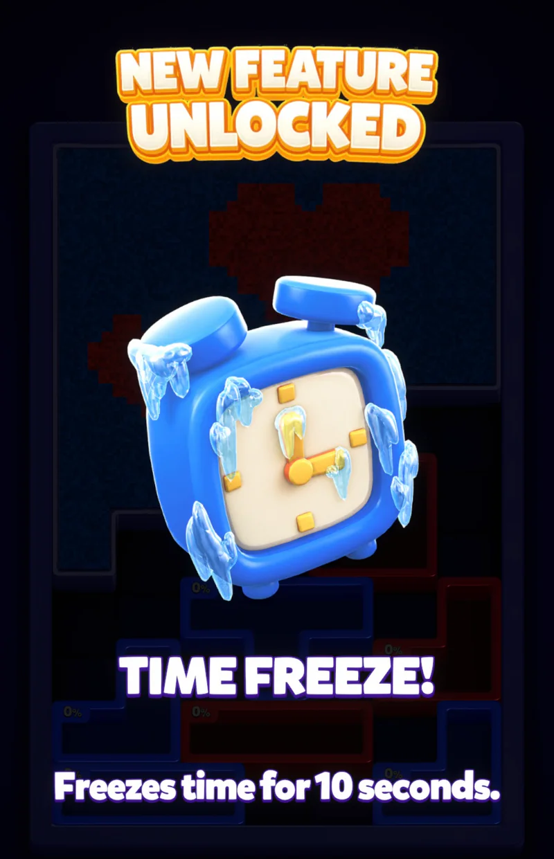 補助アイテムTime Freezeの解放案内。時間を10秒止める説明が表示されている