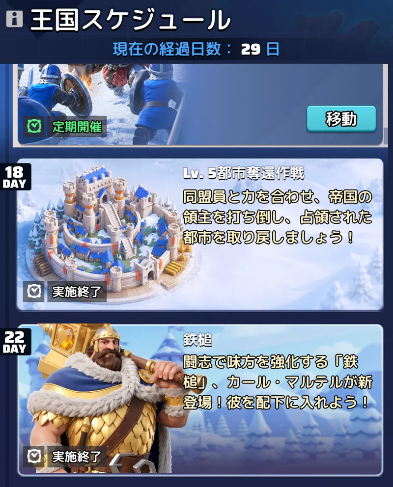トップロード日本版の王国スケジュール。22日目に鉄槌カール・マルテルが新登場と表示された画面