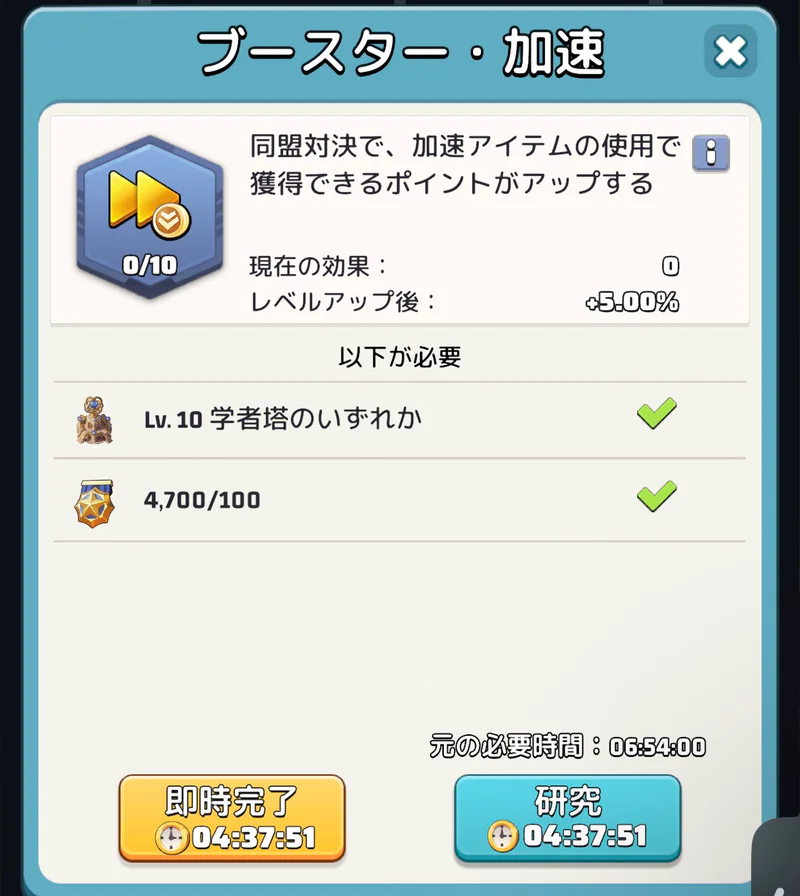 トップロード日本版のブースター・加速研究詳細。次レベル+5.00%、栄誉の勲章4700/100、学者塔Lv10の条件が表示