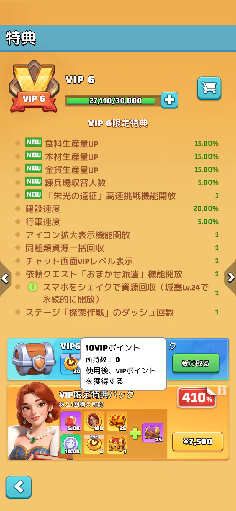 トップロード日本版のVIP6限定特典一覧。食料・木材・金貨生産量15%、建設速度20%、行軍速度5%などが表示されている