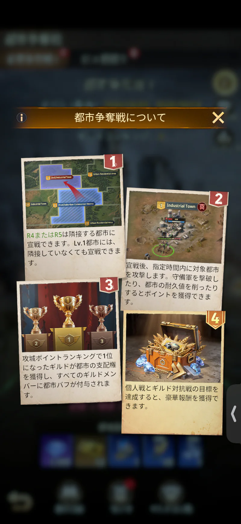 都市争奪戦の日本版ルール説明。R4・R5の宣戦や都市の占領条件が表示されている